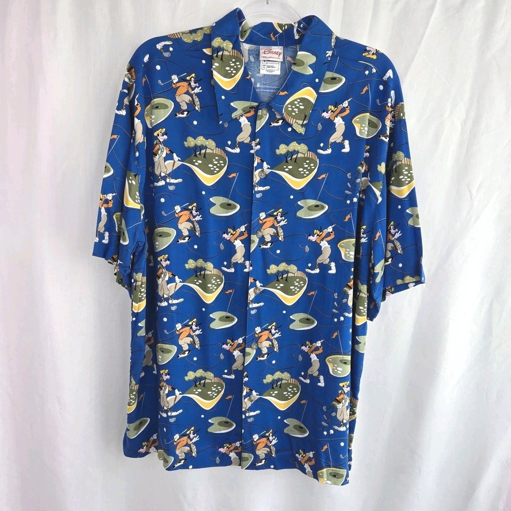 Disney Store Mens Blue Goofy Golf Print Button Down Shirt Size L Vintage Travel